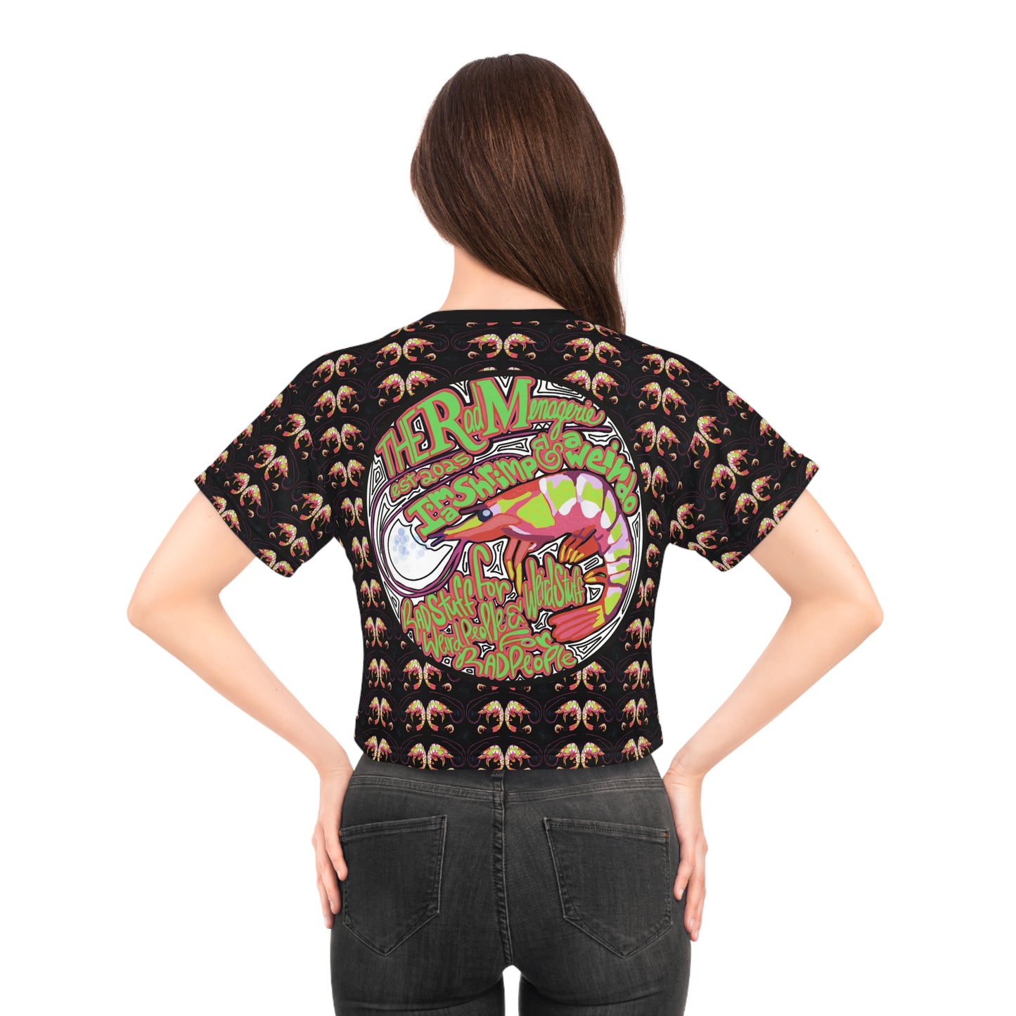 SHRIMP PRINT: Black Crop Tee