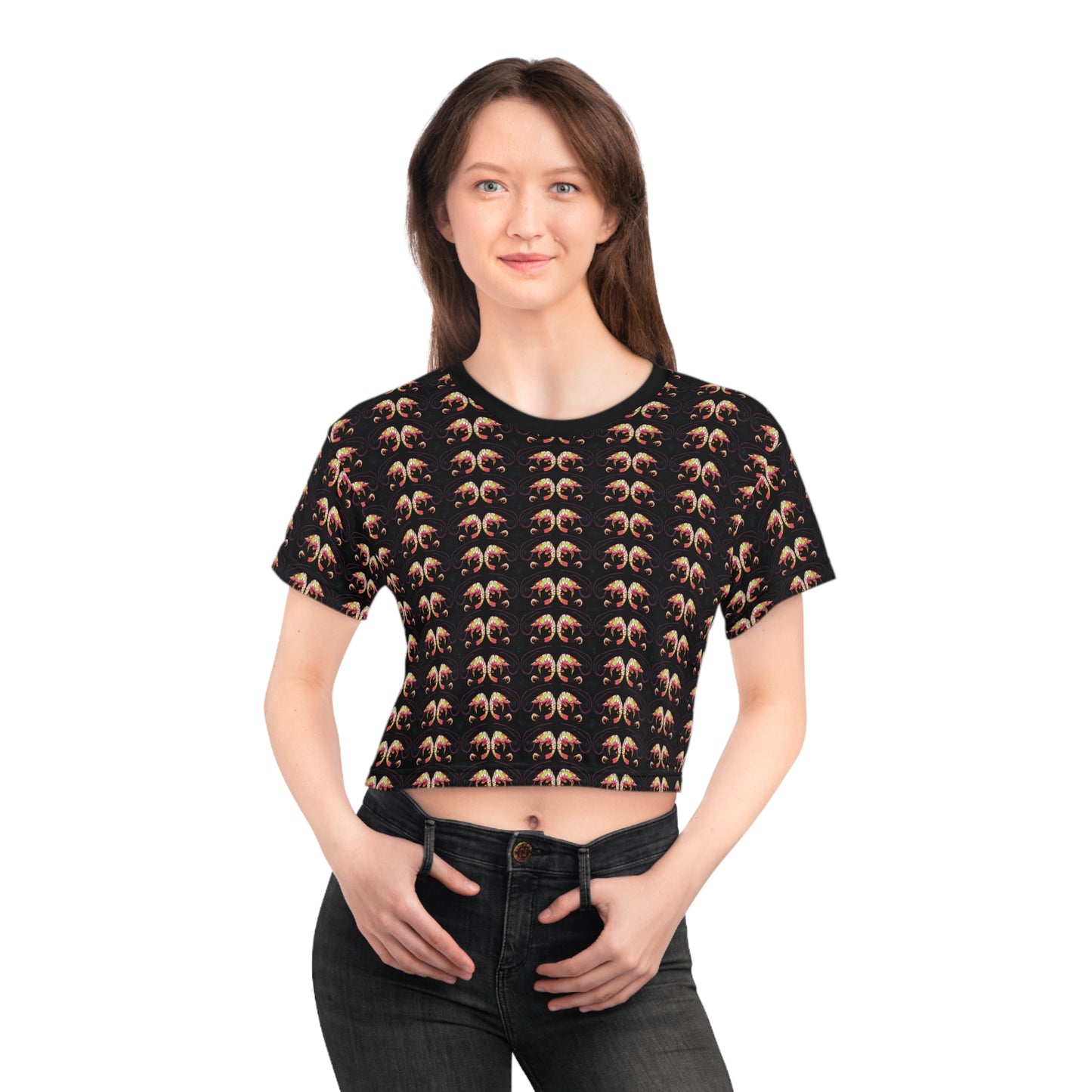 SHRIMP PRINT: Black Crop Tee